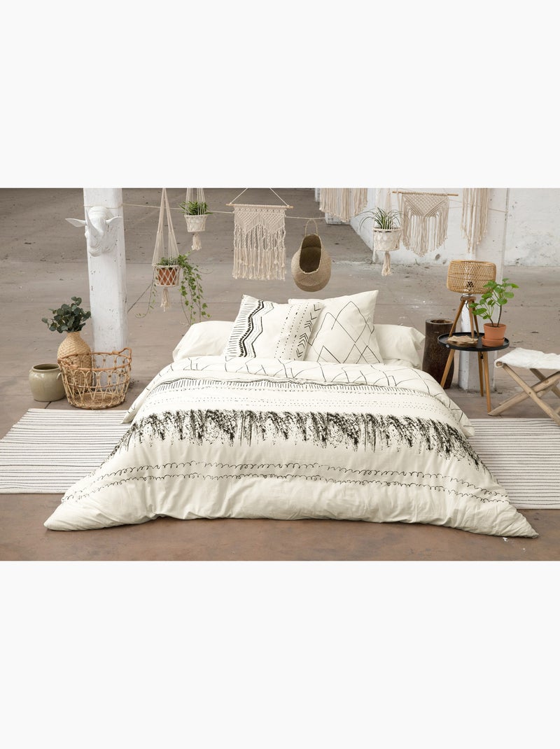 Parure de lit + 2 taies d’oreiller – Coton 57 fils – Motif Berbère Blanc - Kiabi