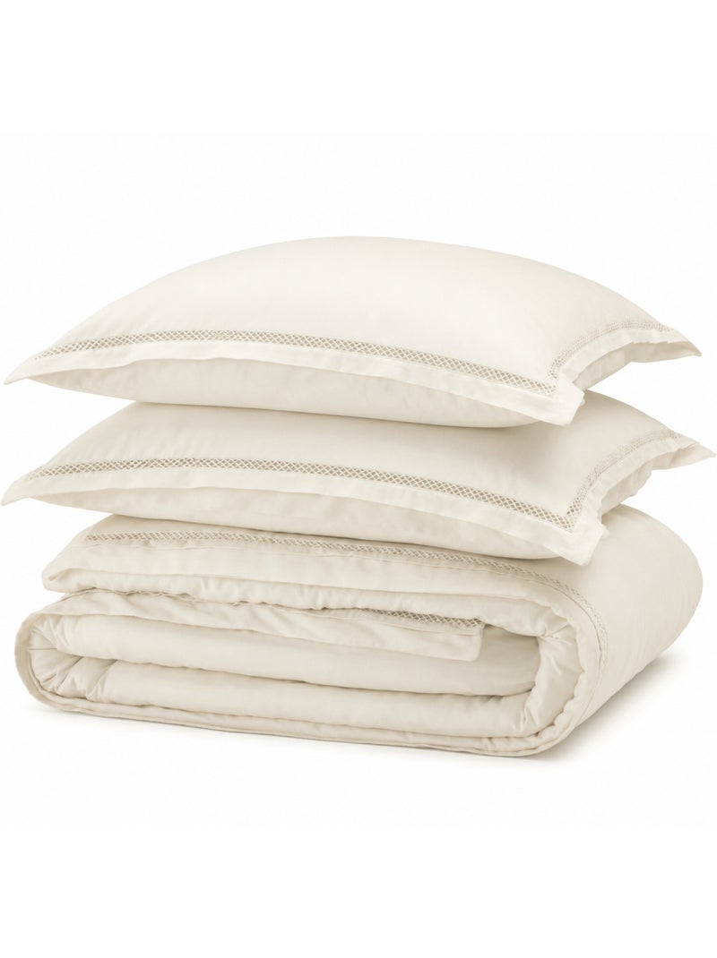 Parure de lit + 2 taies d’oreiller satin de coton 120 fils brodé autrefois Ivoire - Kiabi