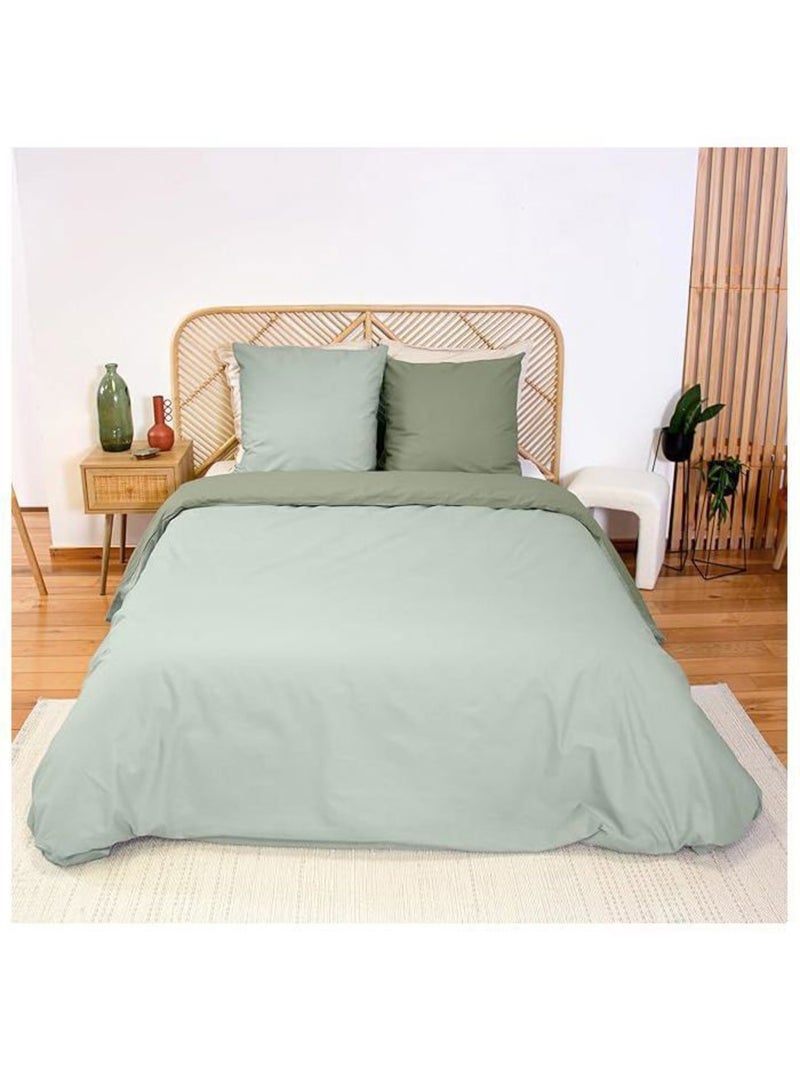 Parure de lit 220x240 cm côté déco 100% coton bicolore vert - housse de couette + 2 taies 63x63 cm Vert - Kiabi
