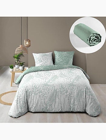 Parure de Lit 240 x 220 cm – Réversible + Drap Housse Coton 57 fils Cassia Sauge