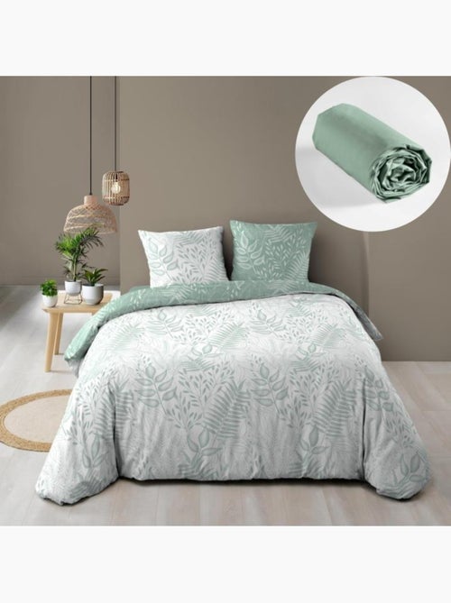 Parure de Lit 240 x 220 cm – Réversible + Drap Housse Coton 57 fils Cassia Sauge - Kiabi Parure de Lit 240 x 220 cm – Réversible + Drap Housse Coton 57 fils Cassia Sauge - Kiabi