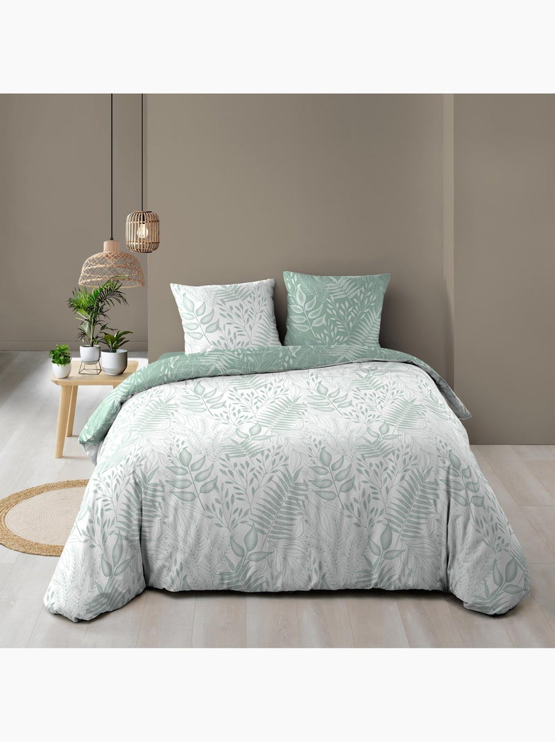 Parure de Lit 240 x 220 cm –  Réversible + Drap Housse Coton 57 fils Cassia Sauge Vert Sauge - Kiabi