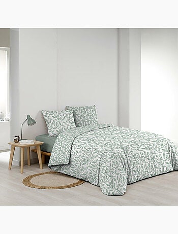 Parure de lit 240x220 cm + 2 taies – Microfibre imprimée SEQUOIA – Motif feuillage vert sauge
