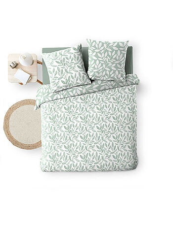 Parure de lit 240x220 cm + 2 taies – Microfibre imprimée SEQUOIA – Motif feuillage vert sauge