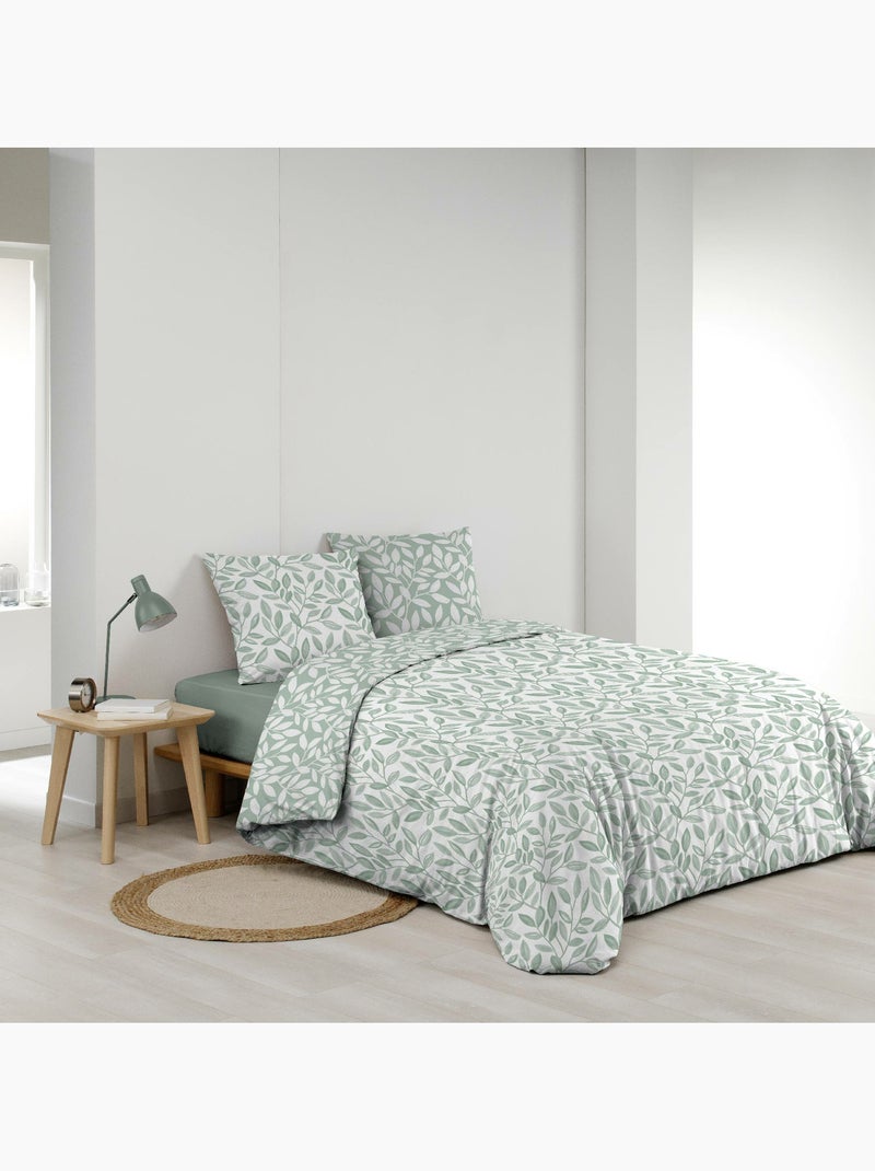 Parure de lit 240x220 cm + 2 taies – Microfibre imprimée SEQUOIA – Motif feuillage vert sauge Blanc - Kiabi