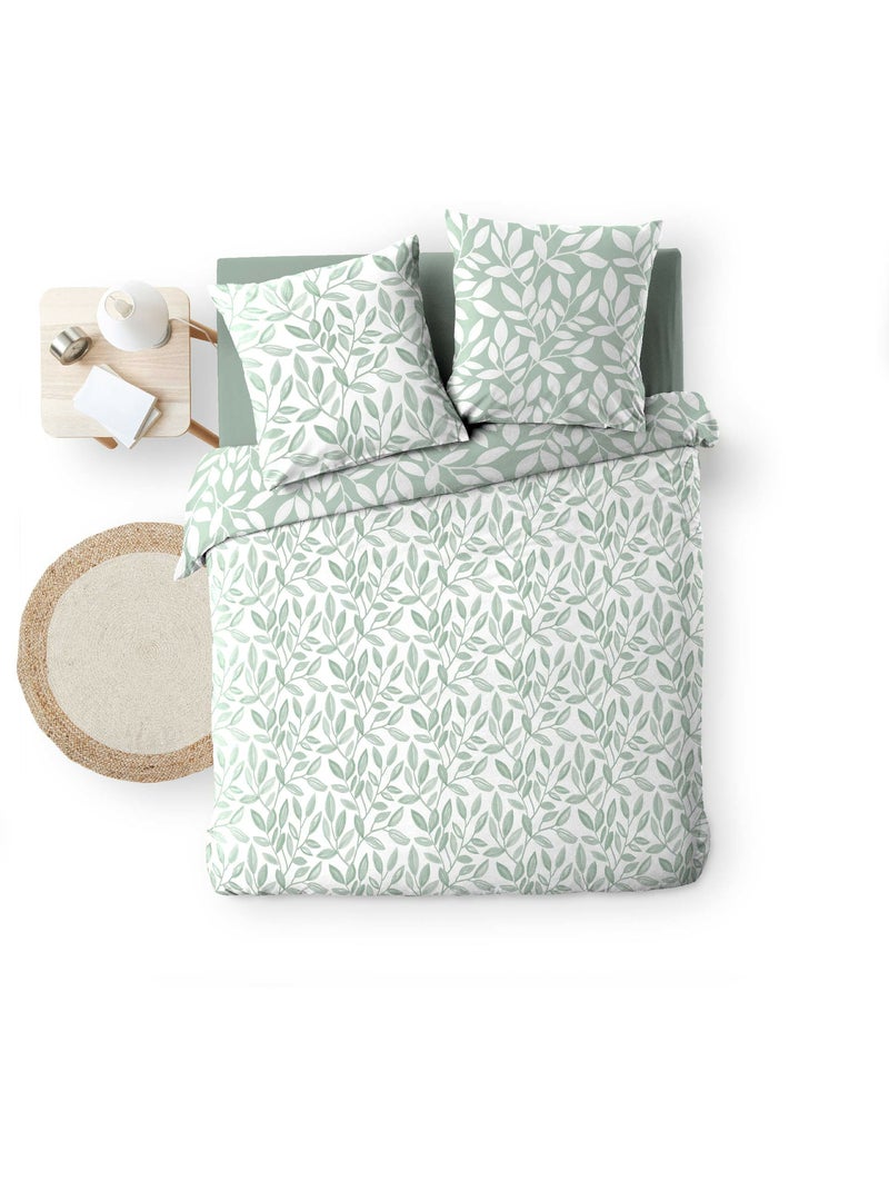 Parure de lit 240x220 cm + 2 taies – Microfibre imprimée SEQUOIA – Motif feuillage vert sauge Blanc - Kiabi