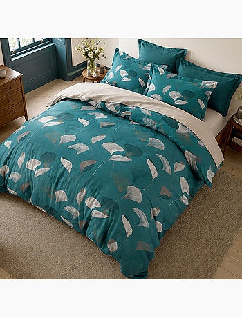 Parure de lit 260x240 cm coton motif feuille ginkgo bleu canard et ocre, apoline