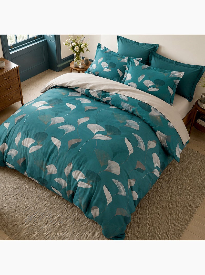 Parure de lit 260x240 cm coton motif feuille ginkgo bleu canard et ocre, apoline Multicolore - Kiabi