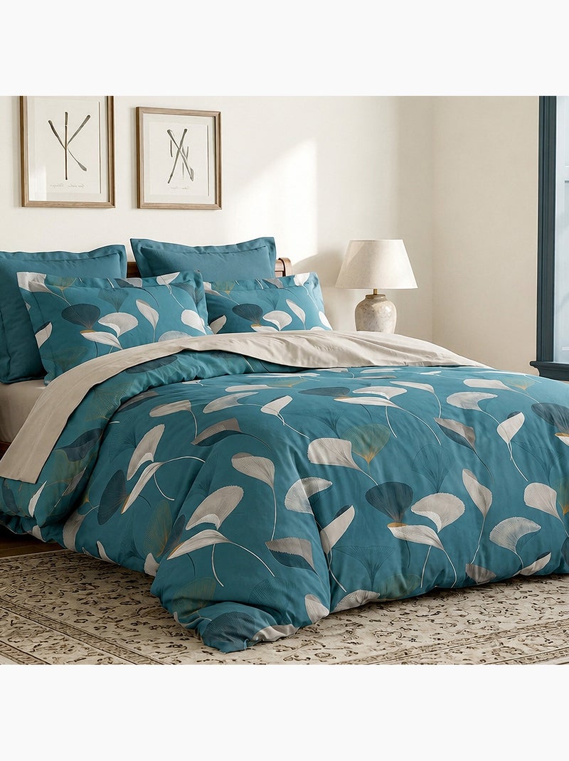 Parure de lit 260x240 cm coton motif feuille ginkgo bleu canard et ocre, apoline Multicolore - Kiabi