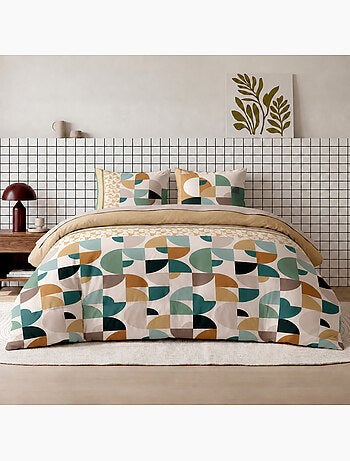 Parure de lit 260x240 cm coton motif géométrique rétro vert et camel, addict