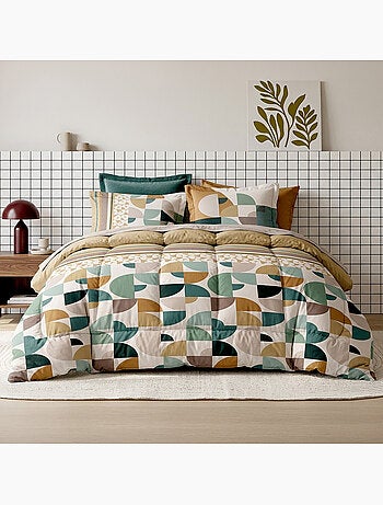Parure de lit 260x240 cm coton motif géométrique rétro vert et camel, addict