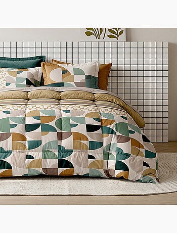 Parure de lit 260x240 cm coton motif géométrique rétro vert et camel, addict