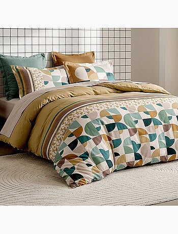 Parure de lit 260x240 cm coton motif géométrique rétro vert et camel, addict