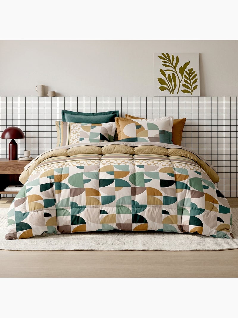 Parure de lit 260x240 cm coton motif géométrique rétro vert et camel, addict Multicolore - Kiabi