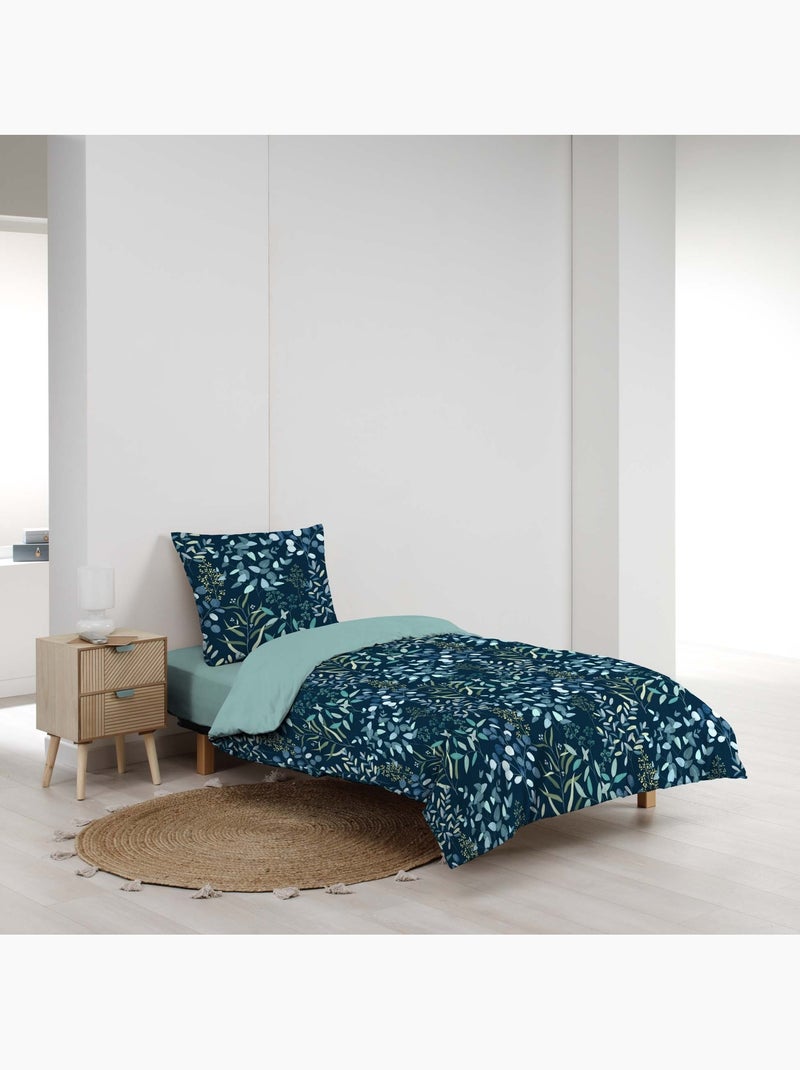 Parure de lit 3 pièces 100% coton à motif végétal housse + taies Bleu - Kiabi