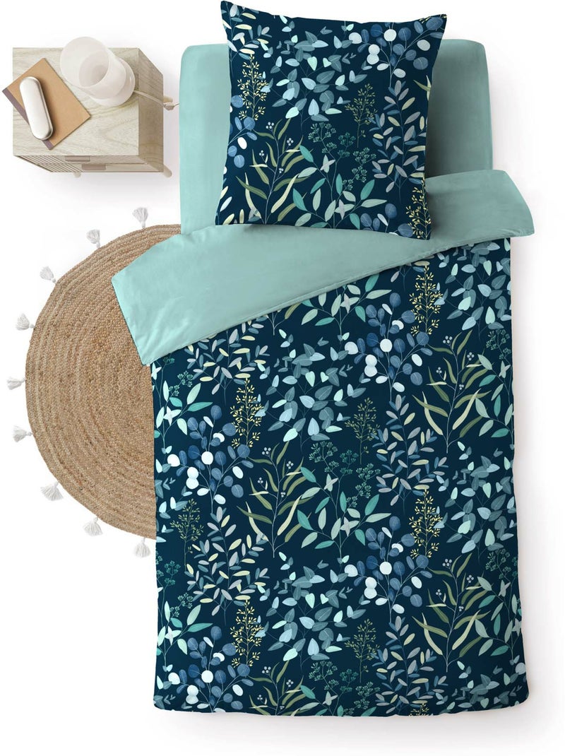 Parure de lit 3 pièces 100% coton à motif végétal housse + taies Bleu - Kiabi