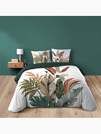 Parure de lit 3 pièces 100 % coton imprimé à motif tropical housse + taies