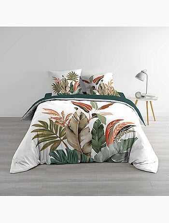 Parure de lit 3 pièces 100 % coton imprimé à motif tropical housse + taies