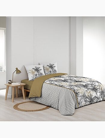 Parure de lit 3 pièces coton motif palmiers housse + 2 taies