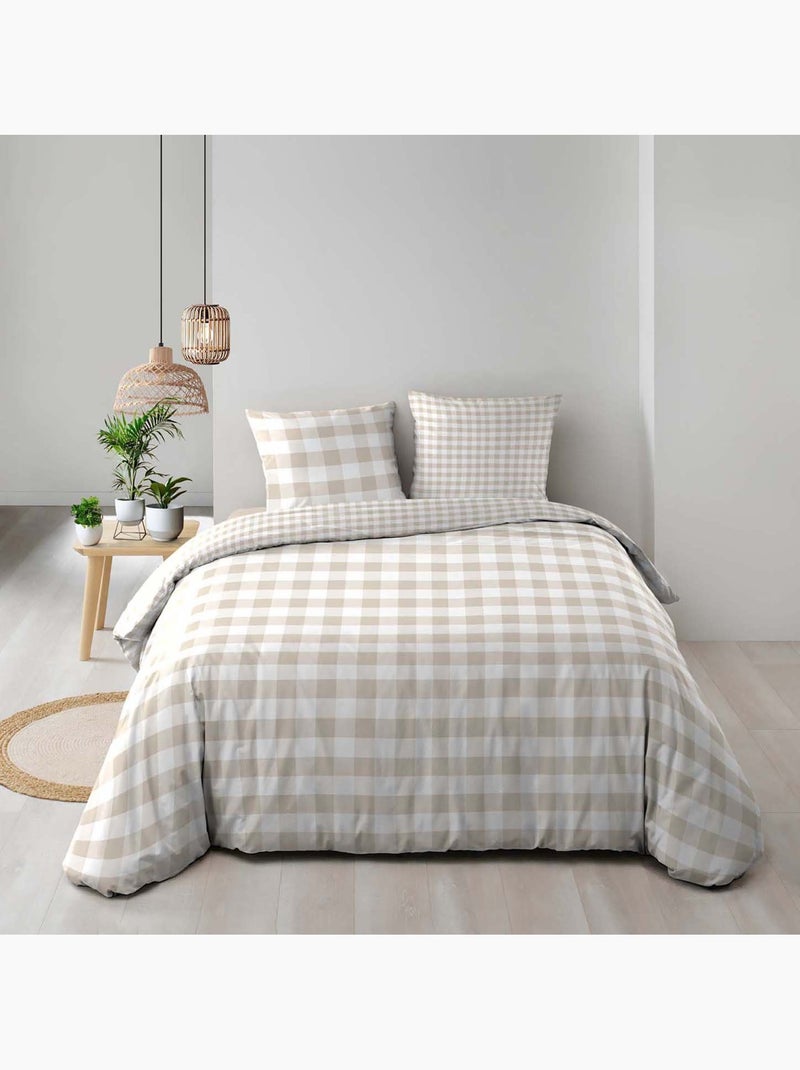 Parure de lit 3 pièces en coton à carreaux housse + taies Beige grès - Kiabi
