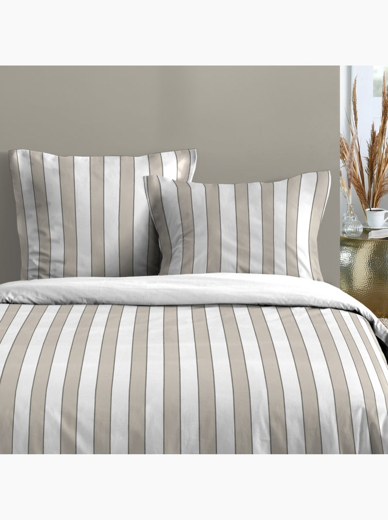 Parure de lit 3 pièces en coton imprimé rayures housse + taies Beige grès - Kiabi