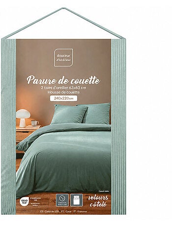 Parure de lit 3 pièces en velours côtelé uni housse + taies