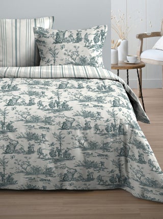 Parure de lit 3 pièces motif toile de jouy romantique en coton