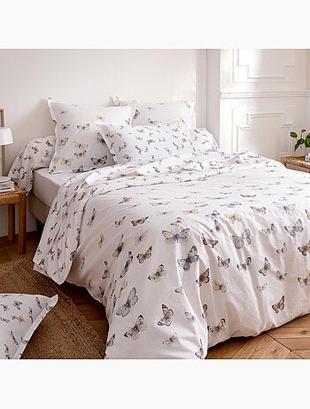 Parure de lit 3 pièces percale de coton 80 fils papillons housse + taies
