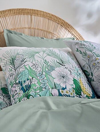Parure de lit 3 pièces percale de coton feuillage exotique housse + taies