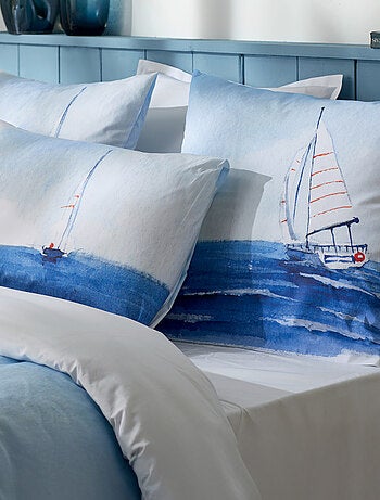 Parure de lit 3 pièces percale de coton voilier marin housse + taies