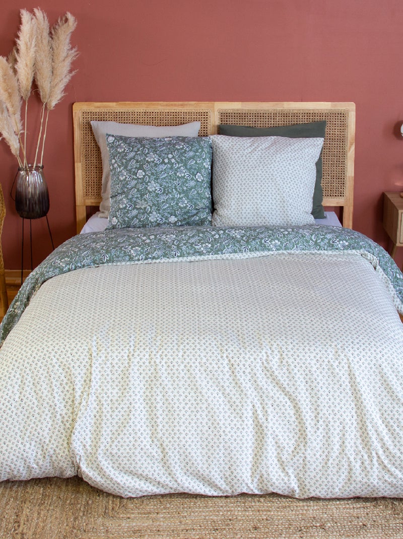 Parure de lit 3 pièces réversible motif floral Kaki - Kiabi