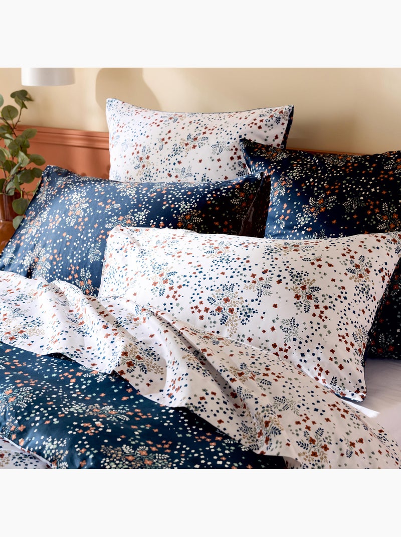 Parure de lit 3 pièces réversible satin de coton 110 fils floral housse + taies Bleu marine - Kiabi