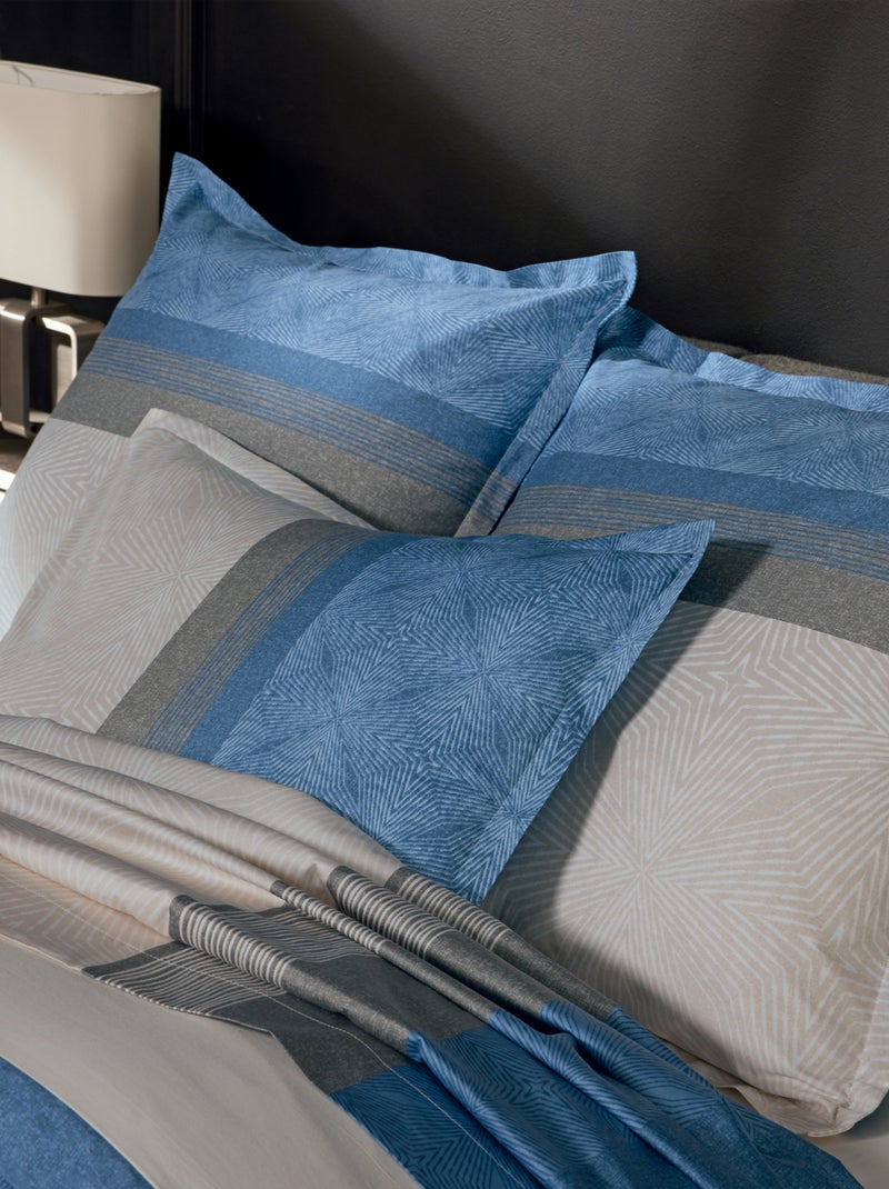 Parure de lit 3 pièces satin de coton géométrique housse + taies Bleu - Kiabi