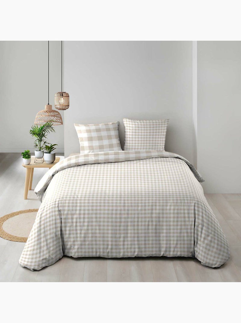 Parure de lit 3 pièces VICTORINE – Vichy coton 57 fils réversible Beige naturel - Kiabi