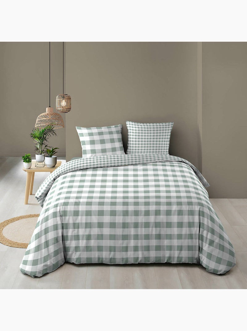 Parure de lit 3 pièces VICTORINE – Vichy coton 57 fils réversible Vert Sauge - Kiabi