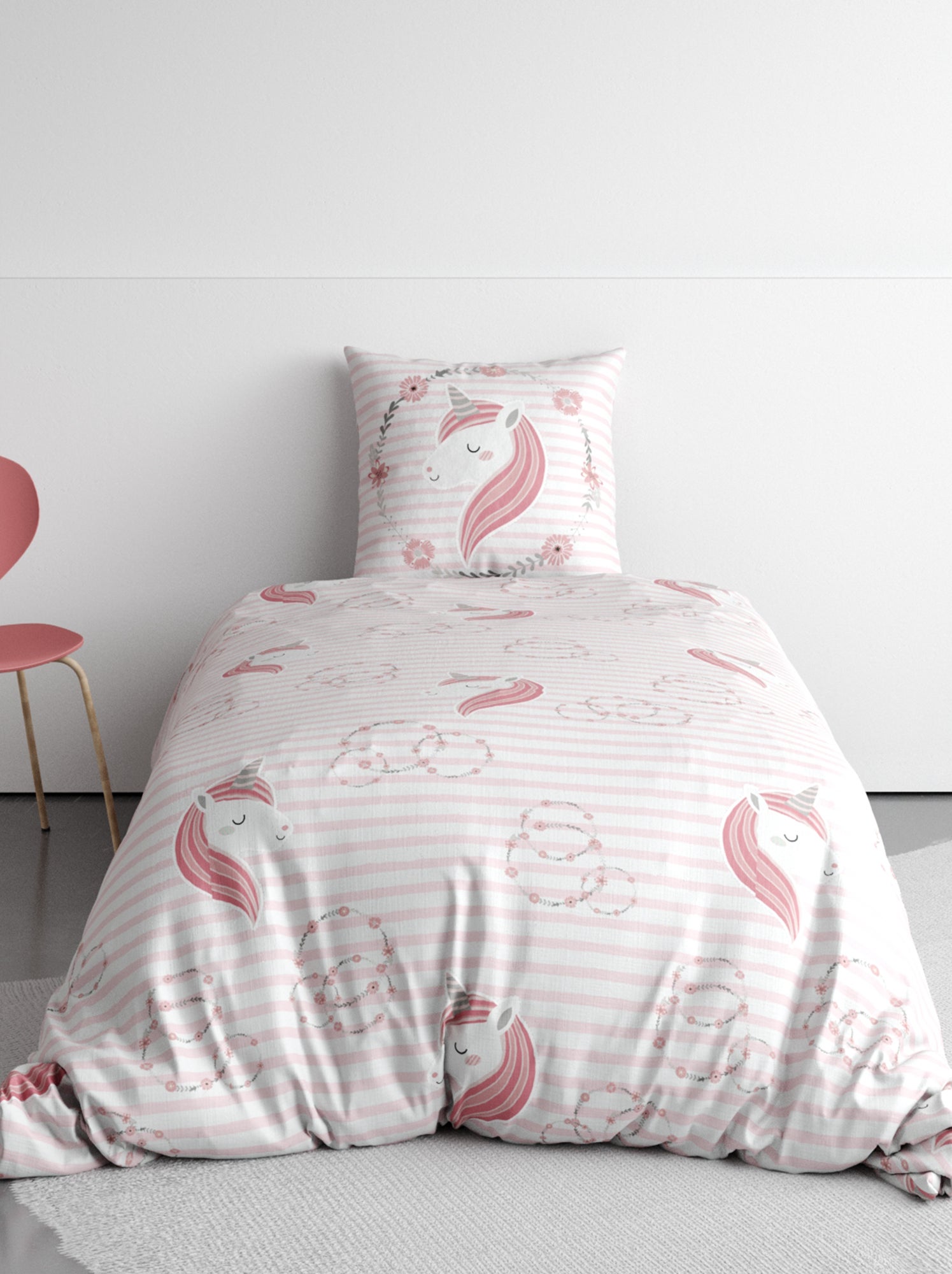 Parure De Lit Réversible Licorne/arc-en-ciel - Pour Lit Enfant - Housse 120x150 Cm + Taie - Coton/polyester Doux - 8