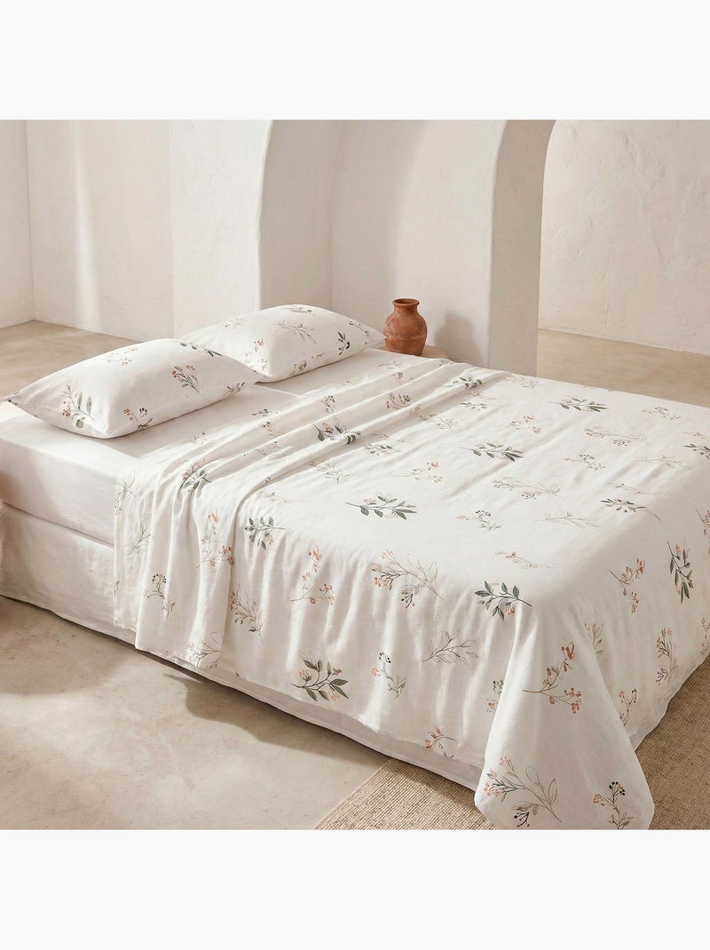Parure de lit à motif floral, 100% coton. Blanc Vert - Kiabi