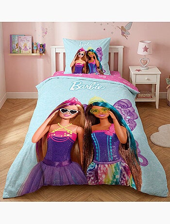 Parure de Lit Barbie Papillon Enfant, 100% Coton Oeko Tex, Imprimée Réversible, Lit 1 place