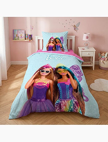 Parure de Lit Barbie Papillon Enfant, 100% Coton Oeko Tex, Imprimée Réversible, Lit 1 place