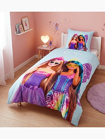 Parure de Lit Barbie Papillon Enfant, 100% Coton Oeko Tex, Imprimée Réversible, Lit 1 place