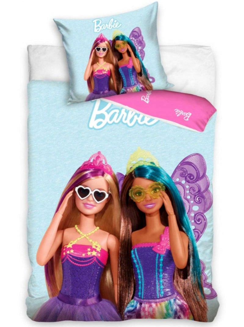 Parure de Lit Barbie Papillon Enfant, 100% Coton Oeko Tex, Imprimée Réversible, Lit 1 place Rose - Kiabi