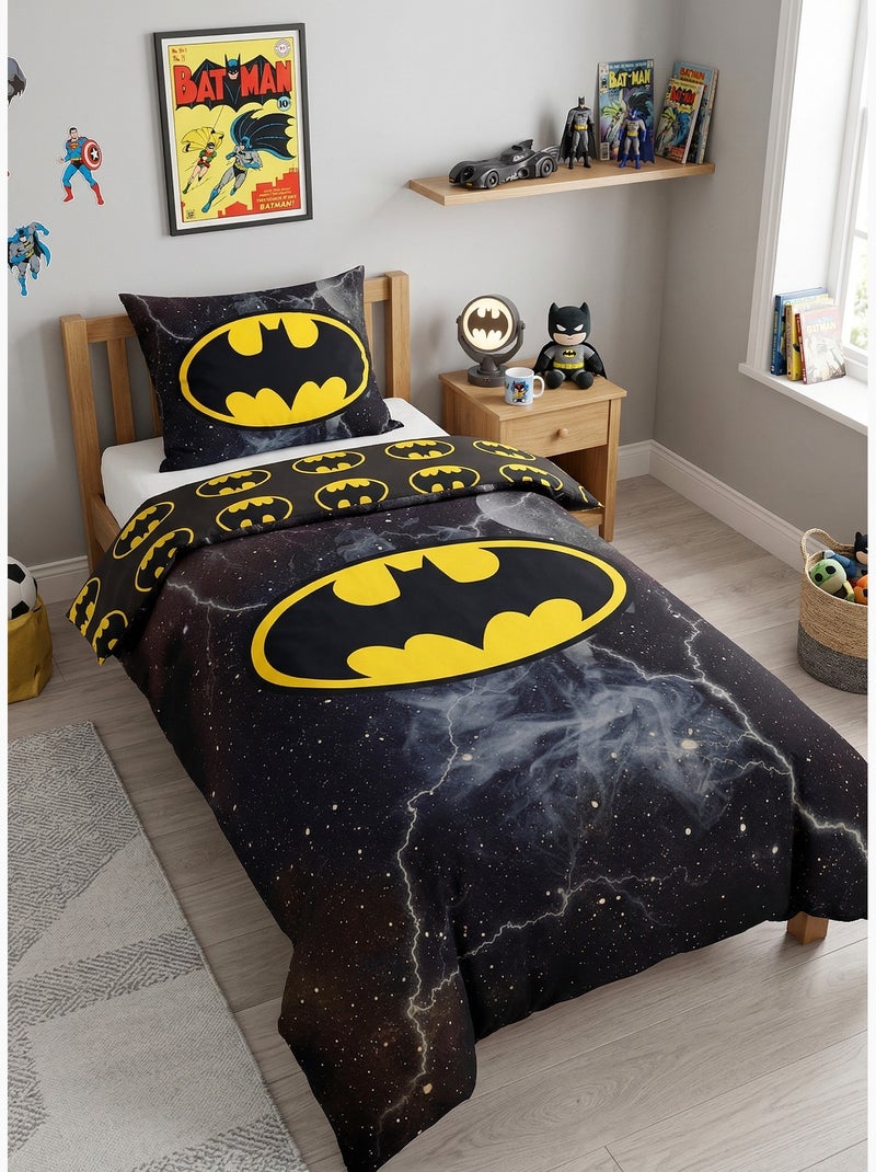 Parure de Lit Batman Comics Enfant, 100% Coton Oeko Tex, Imprimée Réversible, Lit 1 place Gris Noir - Kiabi
