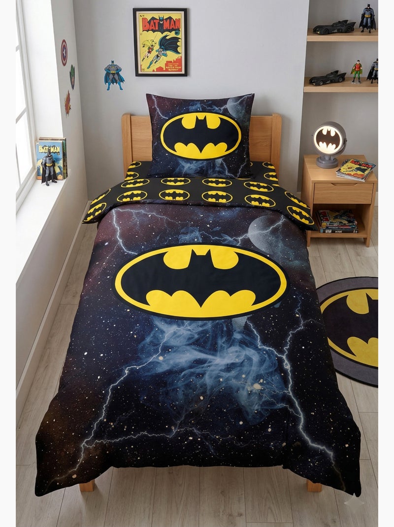Parure de Lit Batman Comics Enfant, 100% Coton Oeko Tex, Imprimée Réversible, Lit 1 place Gris Noir - Kiabi