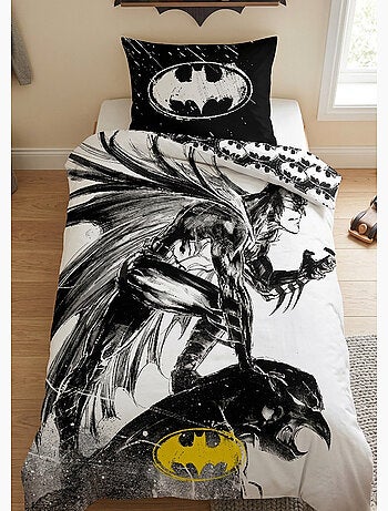 Parure de Lit Batman Graphite Enfant, 100% Coton Oeko Tex, Imprimée Réversible, Lit 1 place