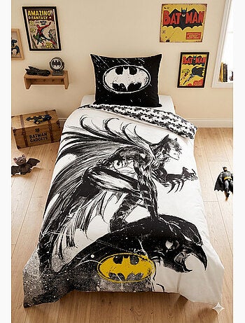 Parure de Lit Batman Graphite Enfant, 100% Coton Oeko Tex, Imprimée Réversible, Lit 1 place