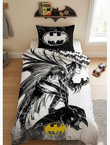 Parure de Lit Batman Graphite Enfant, 100% Coton Oeko Tex, Imprimée Réversible, Lit 1 place