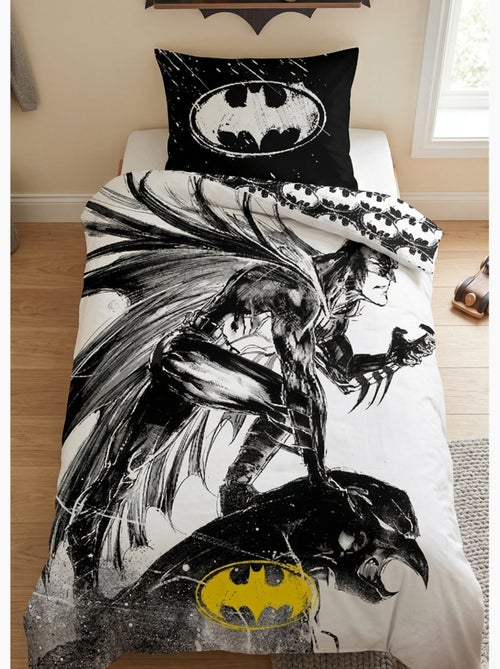 Parure de Lit Batman Graphite Enfant, 100% Coton Oeko Tex, Imprimée Réversible, Lit 1 place - Kiabi