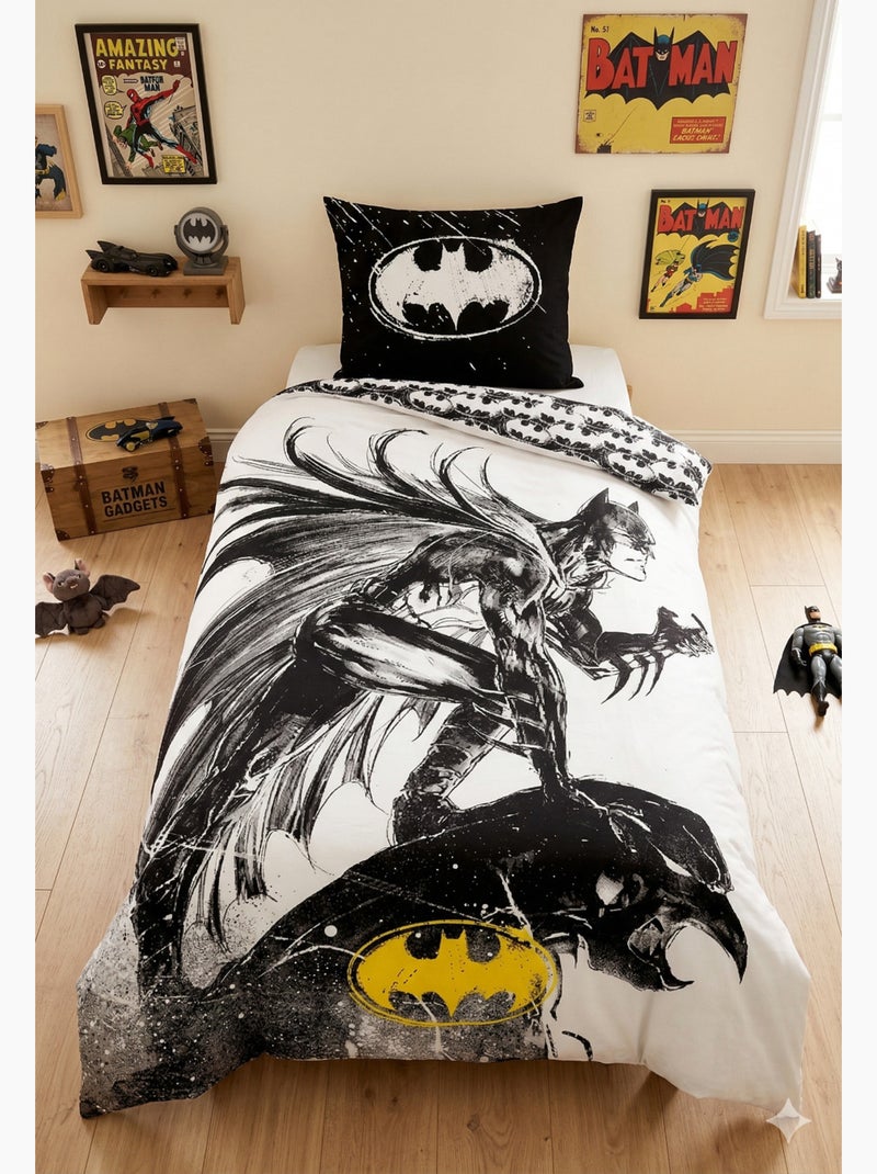Parure de Lit Batman Graphite Enfant, 100% Coton Oeko Tex, Imprimée Réversible, Lit 1 place Gris Noir - Kiabi
