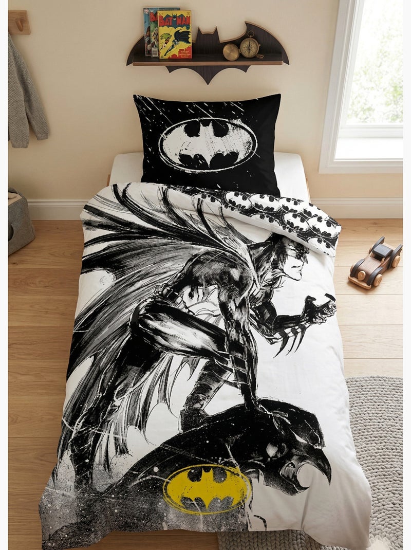 Parure de Lit Batman Graphite Enfant, 100% Coton Oeko Tex, Imprimée Réversible, Lit 1 place Gris Noir - Kiabi