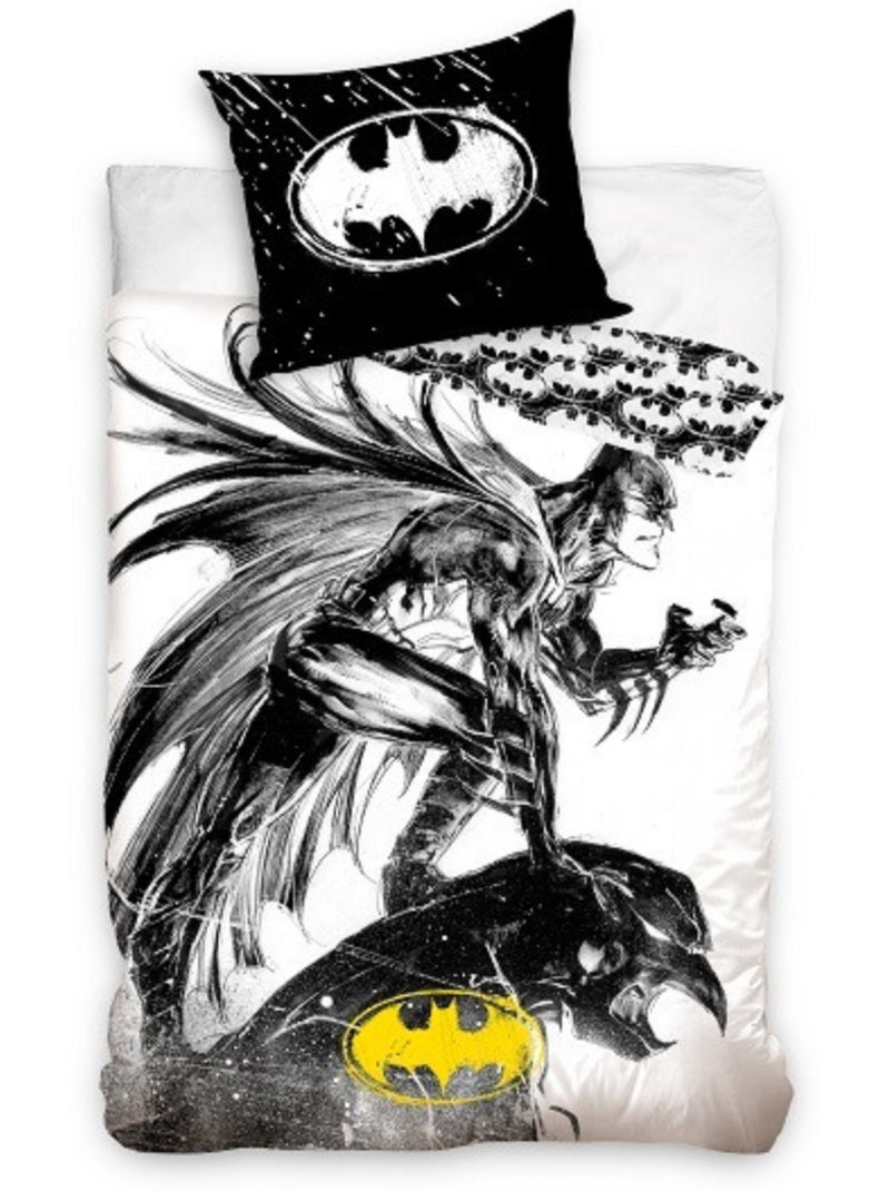 Parure de Lit Batman Graphite Enfant, 100% Coton Oeko Tex, Imprimée Réversible, Lit 1 place Gris Noir - Kiabi